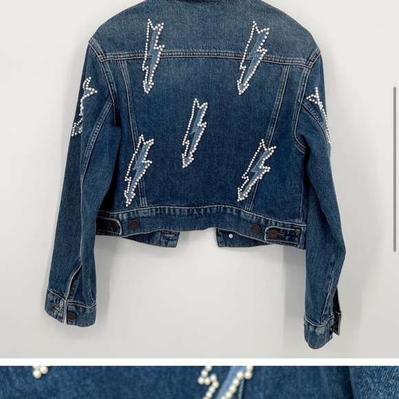 Sandro Pearl Lightning Bolt Cropped Denim Crop Jean Jacket - Picture 4 of 13